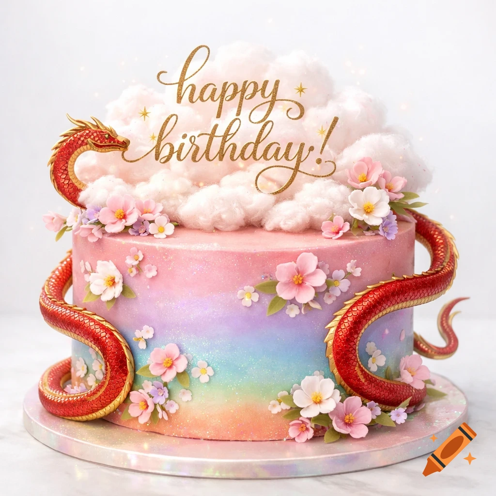 A pastel rainbow birthday cake with a red dragon, fluffy white clouds, delicate flowers, and gold "happy birthday!" text.