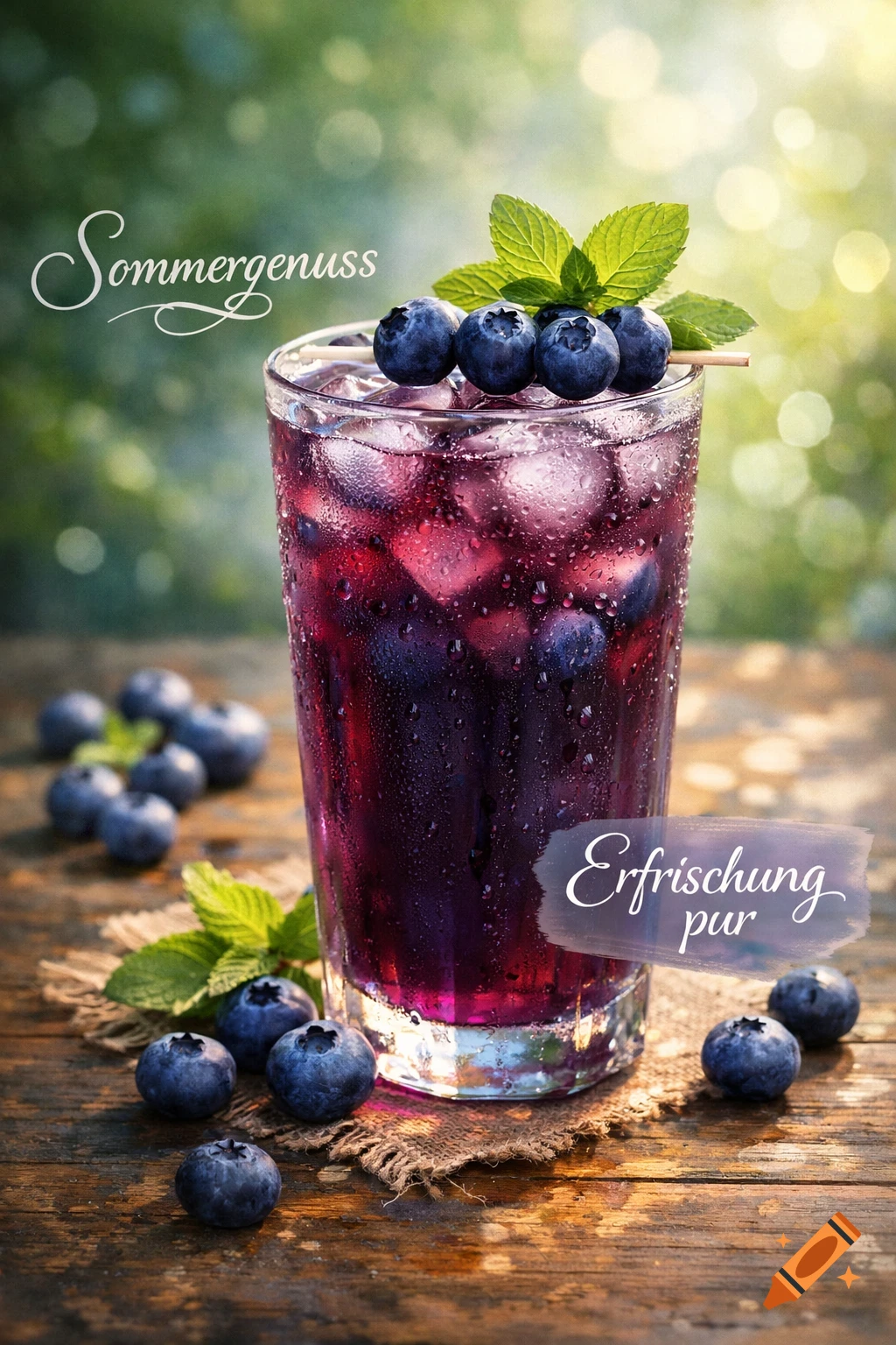 A refreshing glass of iced blueberry tea with mint, ice, and blueberries on a rustic wooden table with a blurred green background.