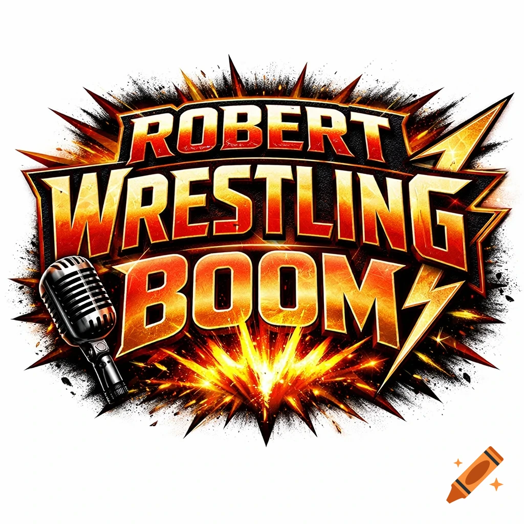 A vibrant, explosive logo for 'ROBERT WRESTLING BOOM' with a vintage microphone and lightning bolts on a dark background.