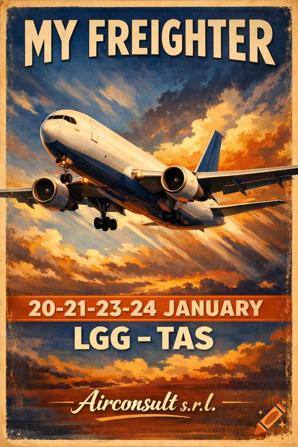 A vintage travel poster depicts a white and blue cargo airplane taking off against a dramatic sunset sky with clouds. Text reads "MY FREIGHTER", "20-21-23-24 JANUARY", "LGG - TAS", and "Airconsult s.r.l.".