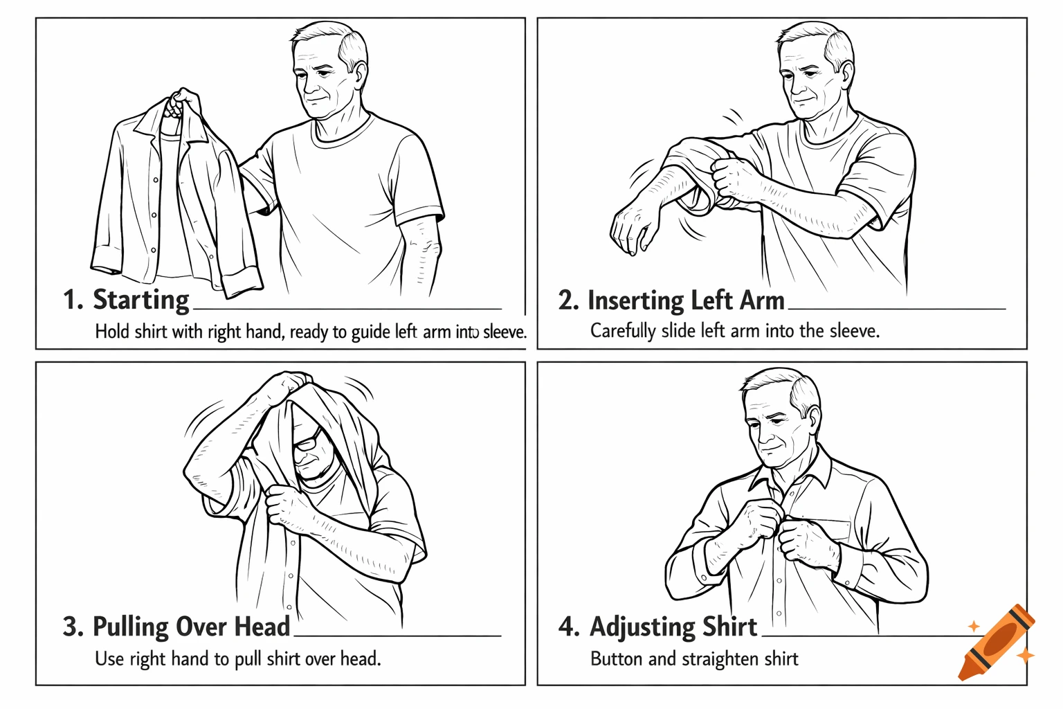 Black and white line art infographic showing a man with left hemiparesis putting on a shirt in four steps.