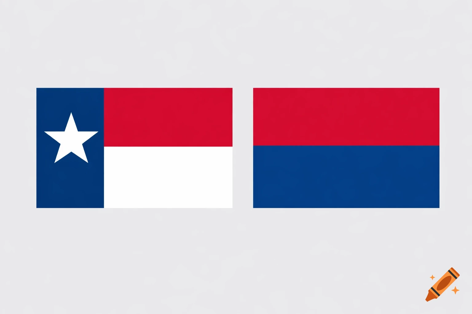 Two rectangular flags on a light grey background. The left flag is the Texas flag with a blue vertical stripe, a white star, and horizontal red and white stripes. The right flag is a horizontal bicolour of red over blue.