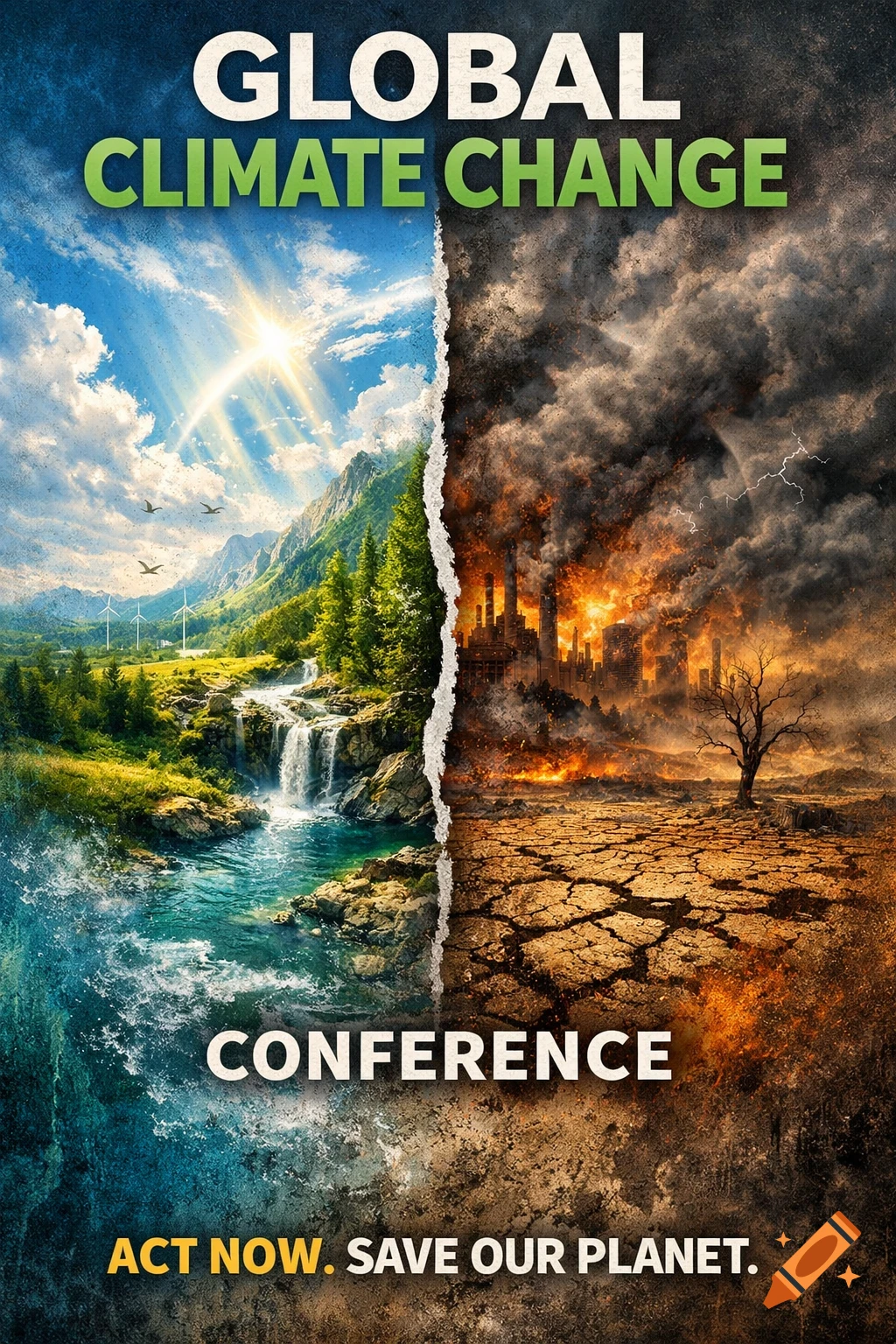 A poster depicting global climate change, split between a lush green landscape and a burning, polluted city. Text: GLOBAL CLIMATE CHANGE CONFERENCE. ACT NOW. SAVE OUR PLANET.