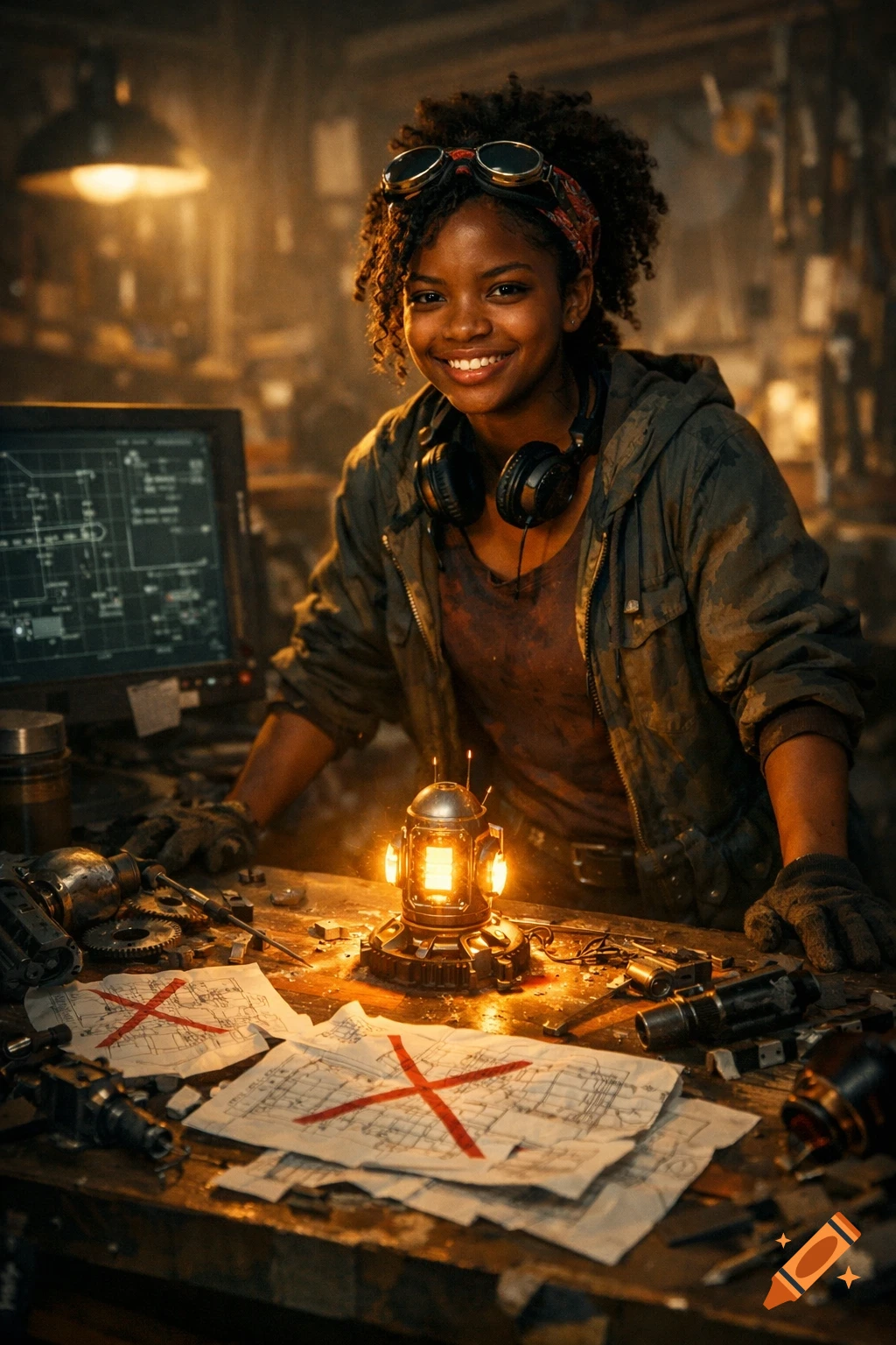 A smiling young Black woman engineer with goggles and headphones works in a dim, cluttered workshop with glowing inventions and crossed-out blueprints.
