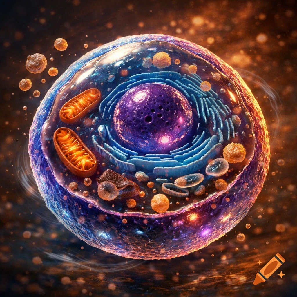 A vibrant, glowing cross-section of a heterotrophic cell with a purple nucleus and orange mitochondria against a dark, starry background.