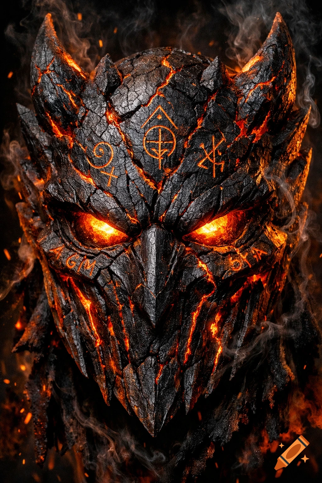A close-up of a demonic mask made of cracked black rock with glowing orange magma flowing through the cracks. It has bright orange eyes and sharp horns. Stylized symbols are etched into the forehead.