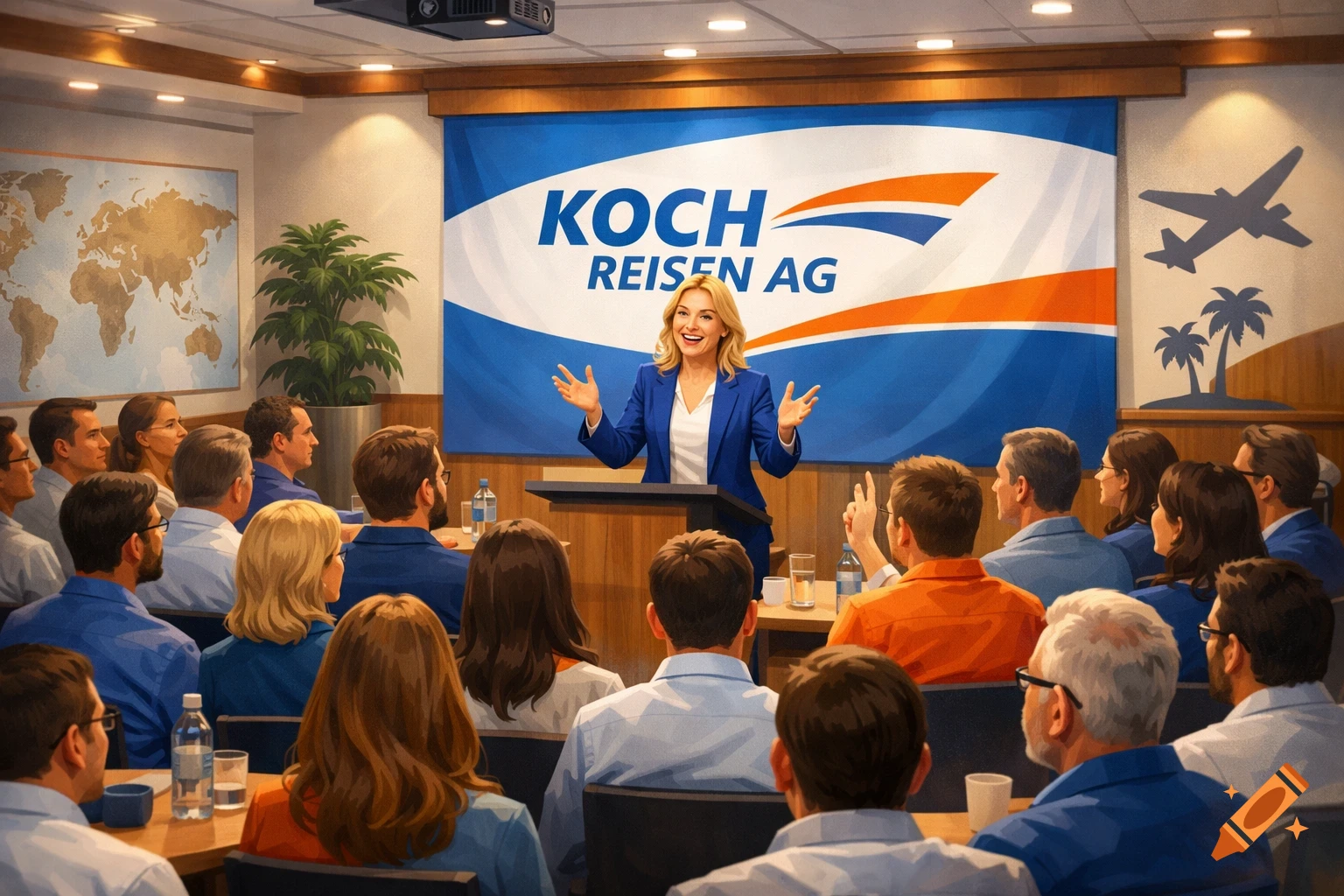 A smiling woman in a blue suit speaks from a podium to a diverse audience in a conference room. A banner behind her reads "KOCH REISEN AG" with an airplane and palm tree motif.