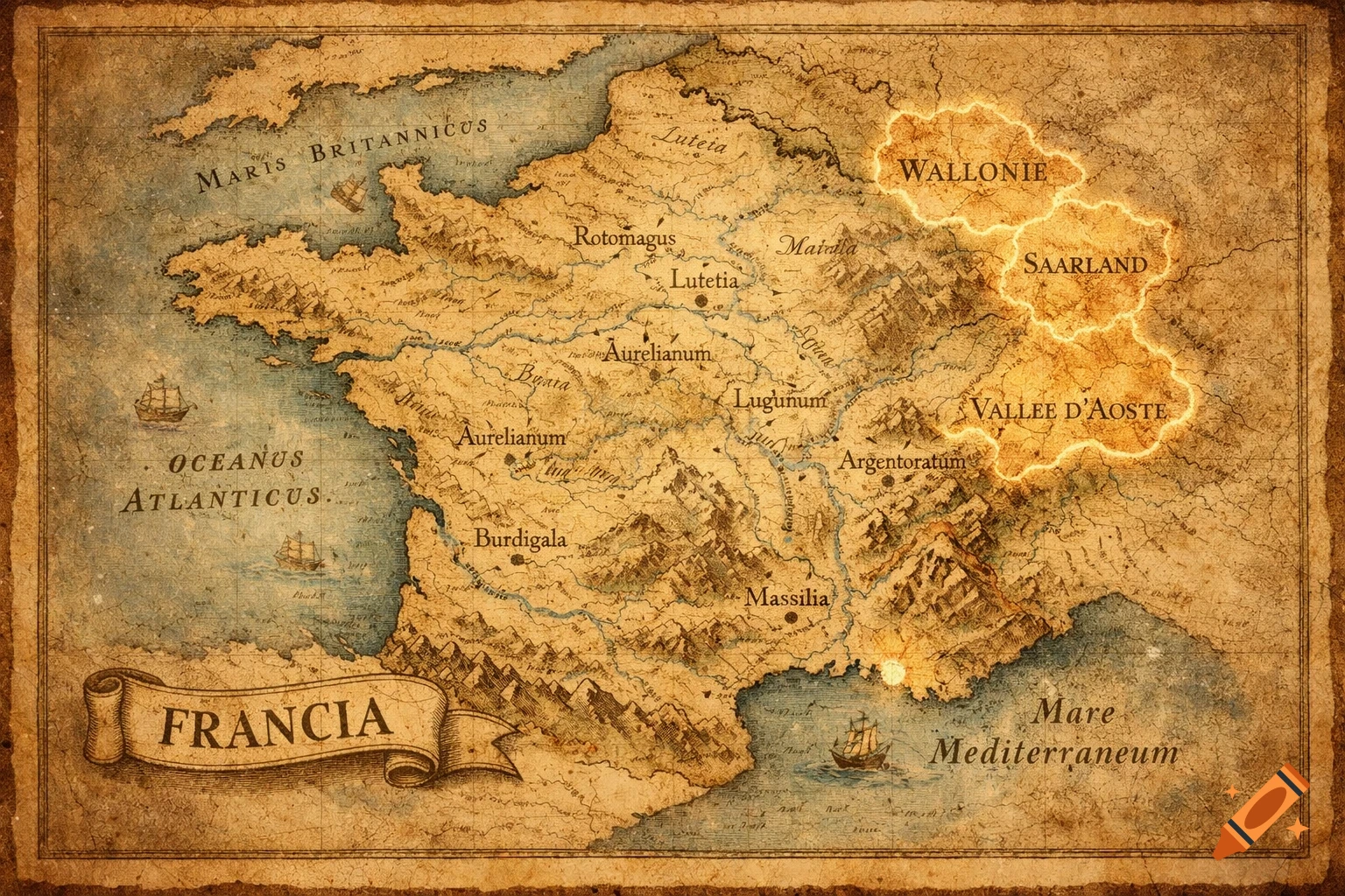 A vintage-style map of France with major cities, seas, and highlighted regions of Wallonie, Saarland, and Vallée d'Aoste.