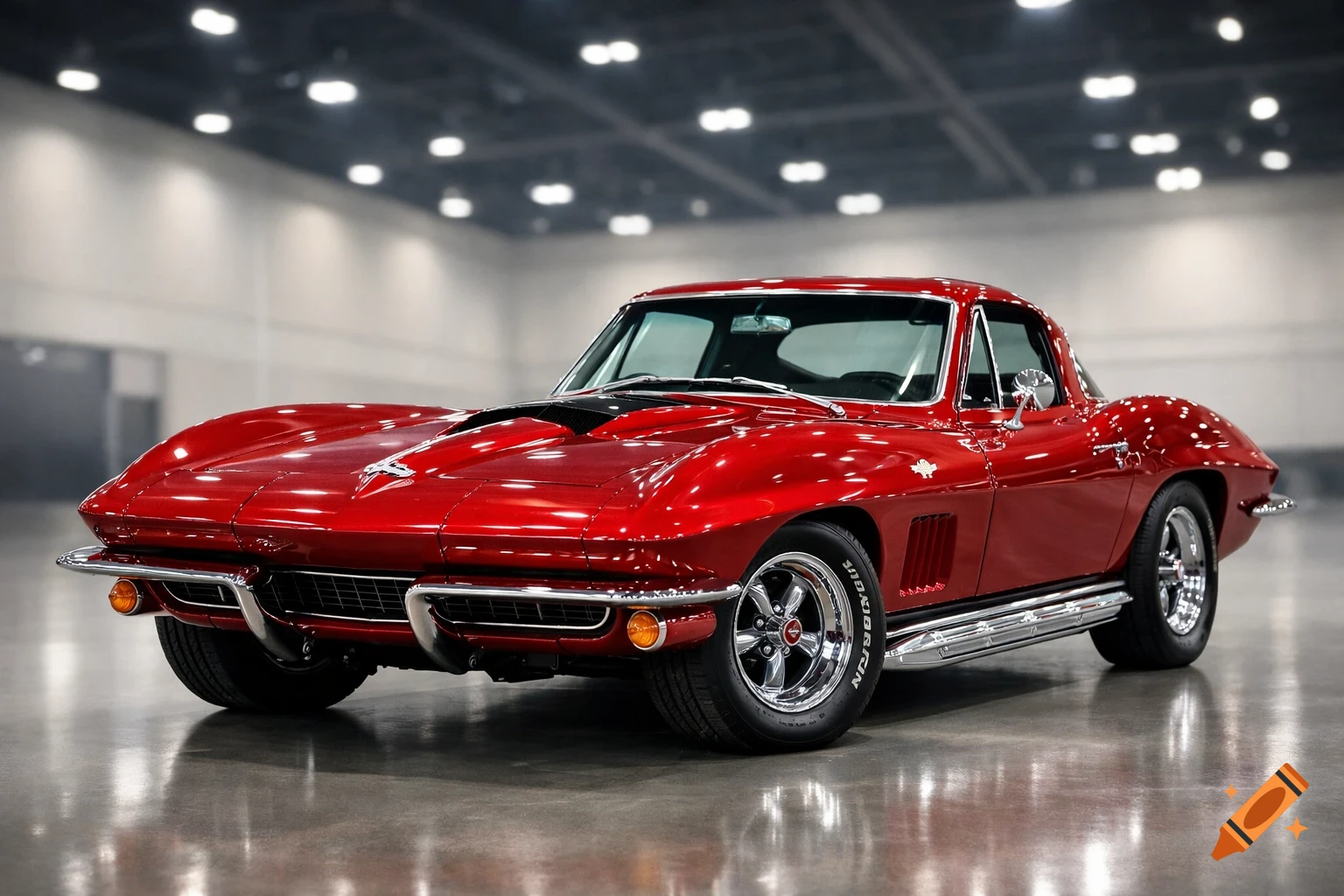 A shiny red classic Corvette sports car with chrome accents is parked in a large, well-lit showroom.