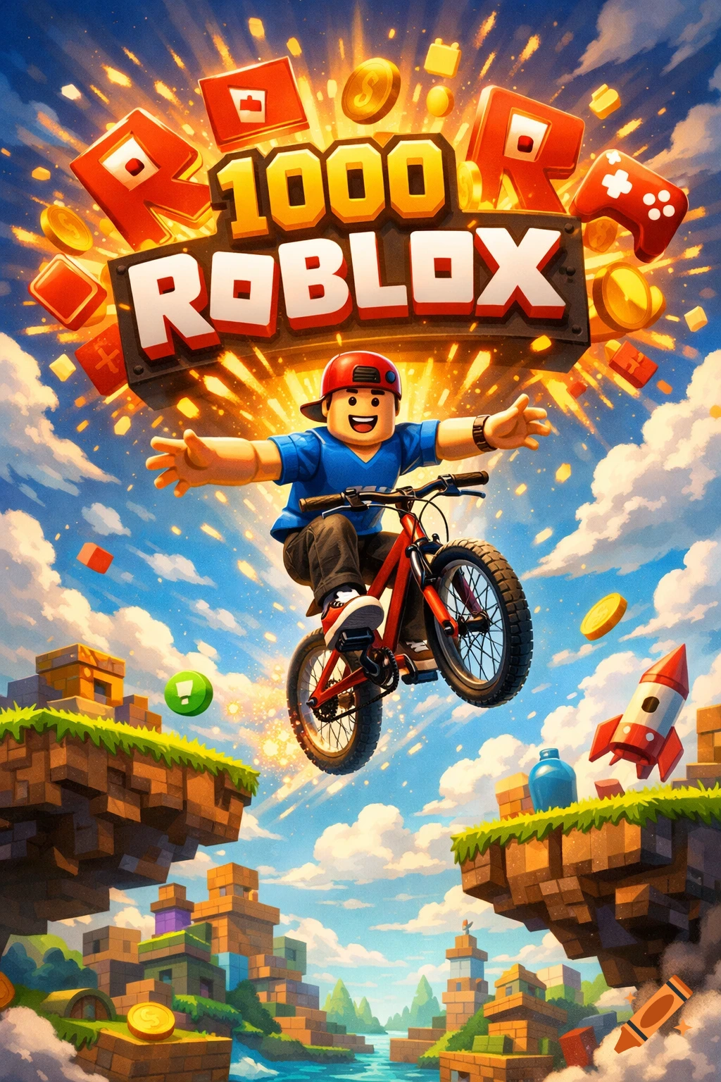 A stylized Roblox character on a red bicycle jumps over blocky platforms, with a '1000 ROBLOX' sign and game icons floating above.