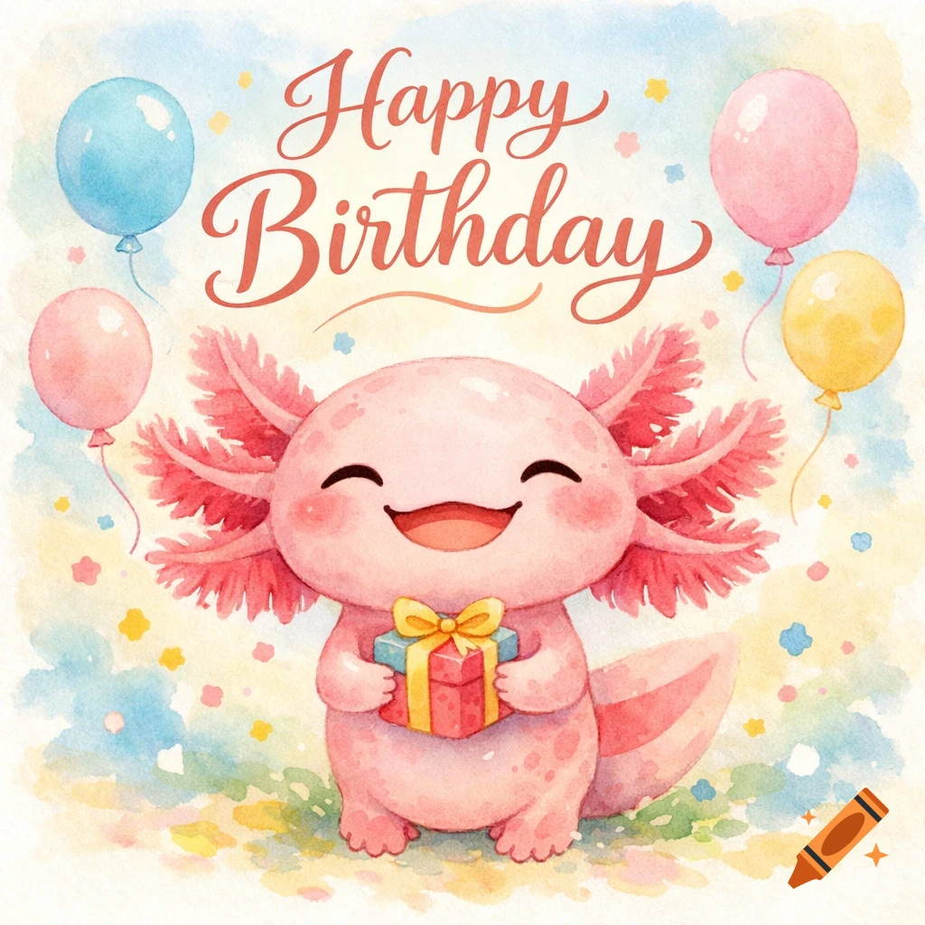 A cute pink axolotl holds a gift box with a yellow bow, surrounded by colorful balloons and confetti, with "Happy Birthday" in script at the top. Watercolor style.