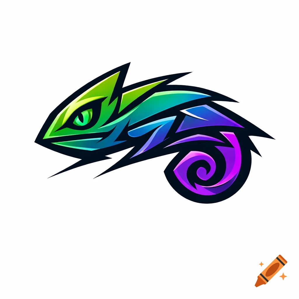 A stylized logo of a chameleon's head and body, depicted with sharp, angular segments in a gradient from vibrant green to blue to purple, with a curled tail.