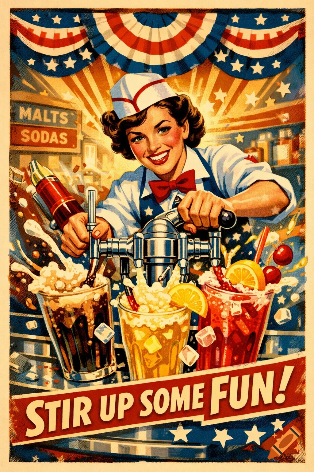 A retro propaganda poster shows a smiling server at a soda fountain mixing drinks, with "STIR UP SOME FUN!" text.