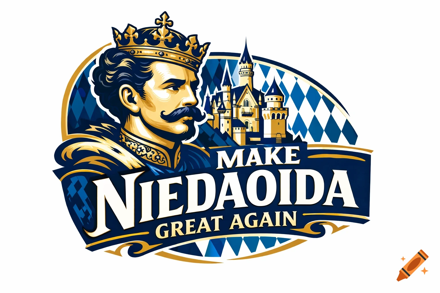 Logo featuring a golden-crowned king's profile with a mustache, a castle, and 'MAKE NIEDAOIDA GREAT AGAIN' text in blue and gold.