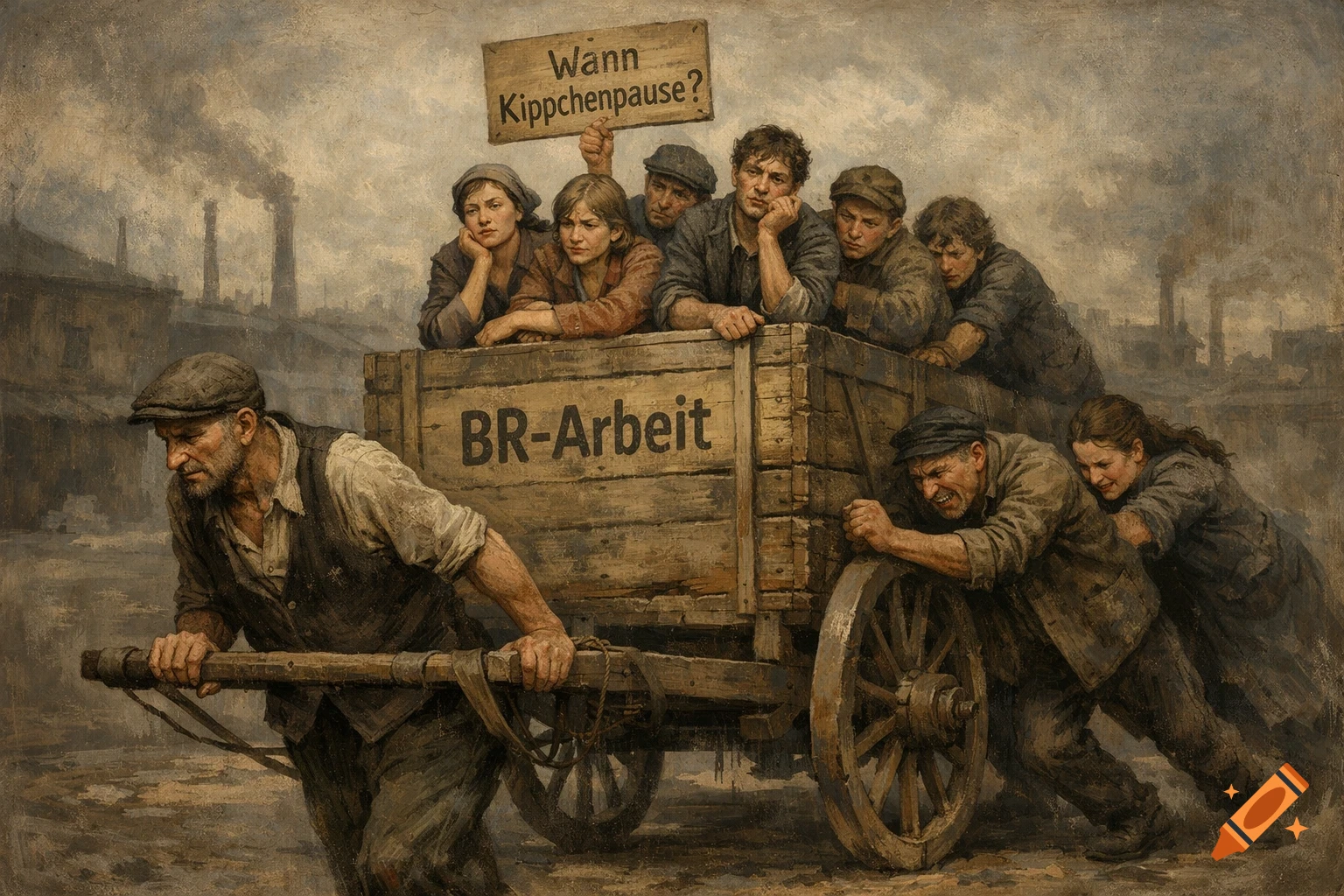 A social realist painting depicts weary laborers pulling and pushing a wooden cart with others seated on it, against an industrial backdrop.