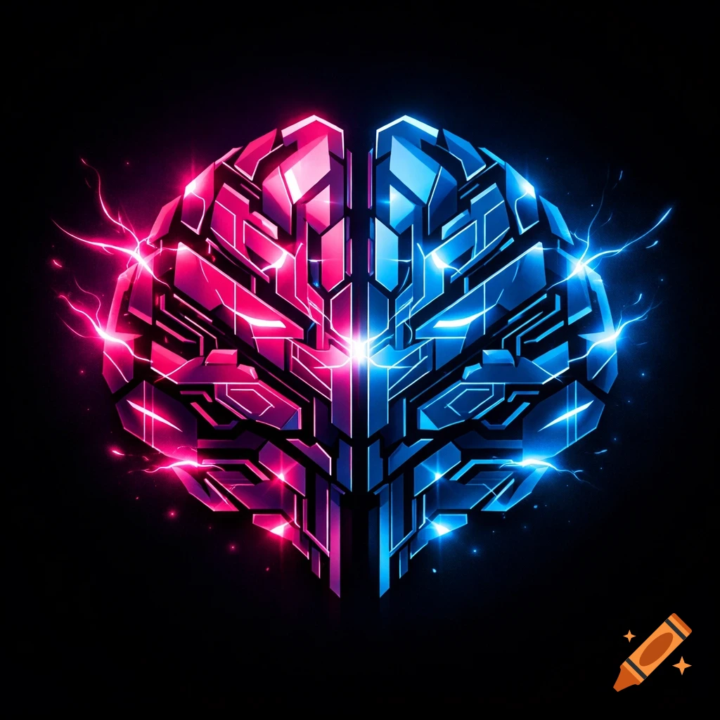 A highly stylized geometric brain glowing neon pink and blue with electrical arcs on a dark background.