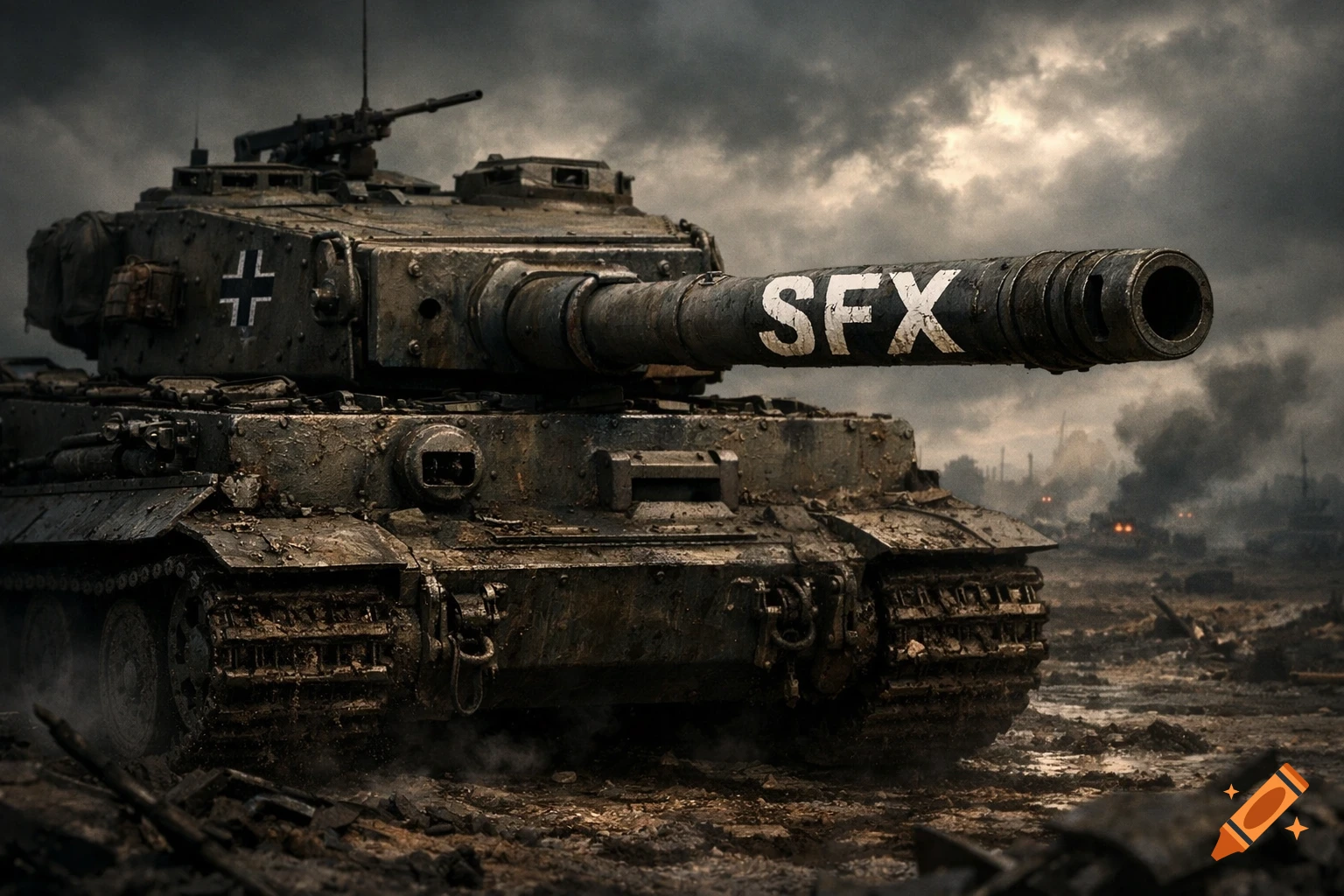 A dark and gritty close-up of a heavily armored, mud-covered Panzer tank with 'SFX' written on its main gun barrel, set against a stormy, smoky, war-torn landscape.