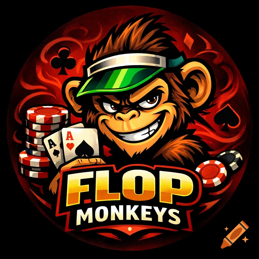Cartoon monkey wearing a visor holding poker cards and chips, with 'FLOP MONKEYS' text, in a vibrant red and black illustration style.