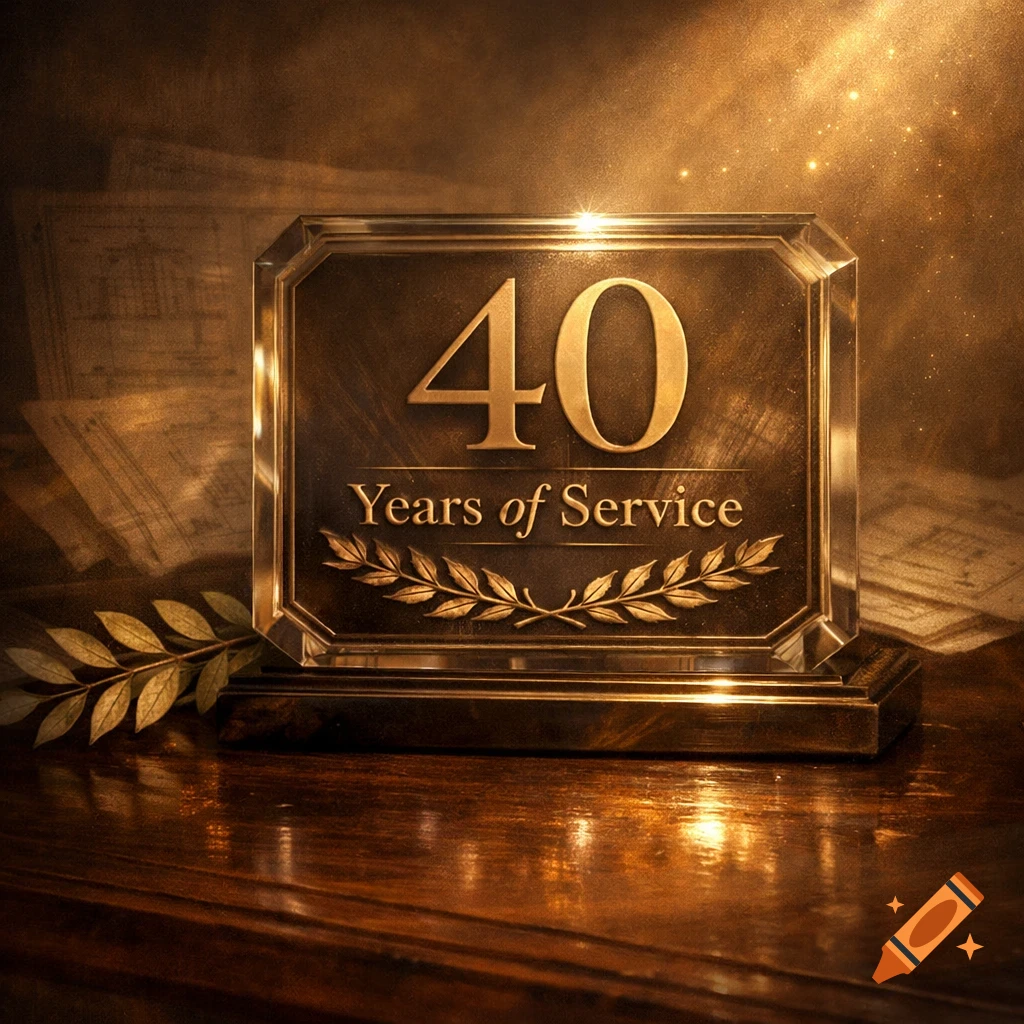 An elegant, gold-toned award plaque reads '40 Years of Service,' resting on a polished wooden surface with a glowing background.