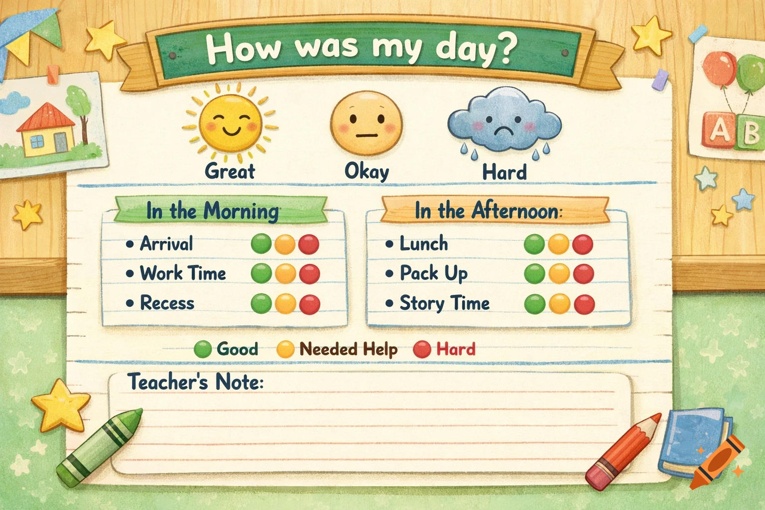 A cheerful, illustrated daily behavior chart for children with sections for morning and afternoon activities, emojis for overall day rating, and a teacher's note section.