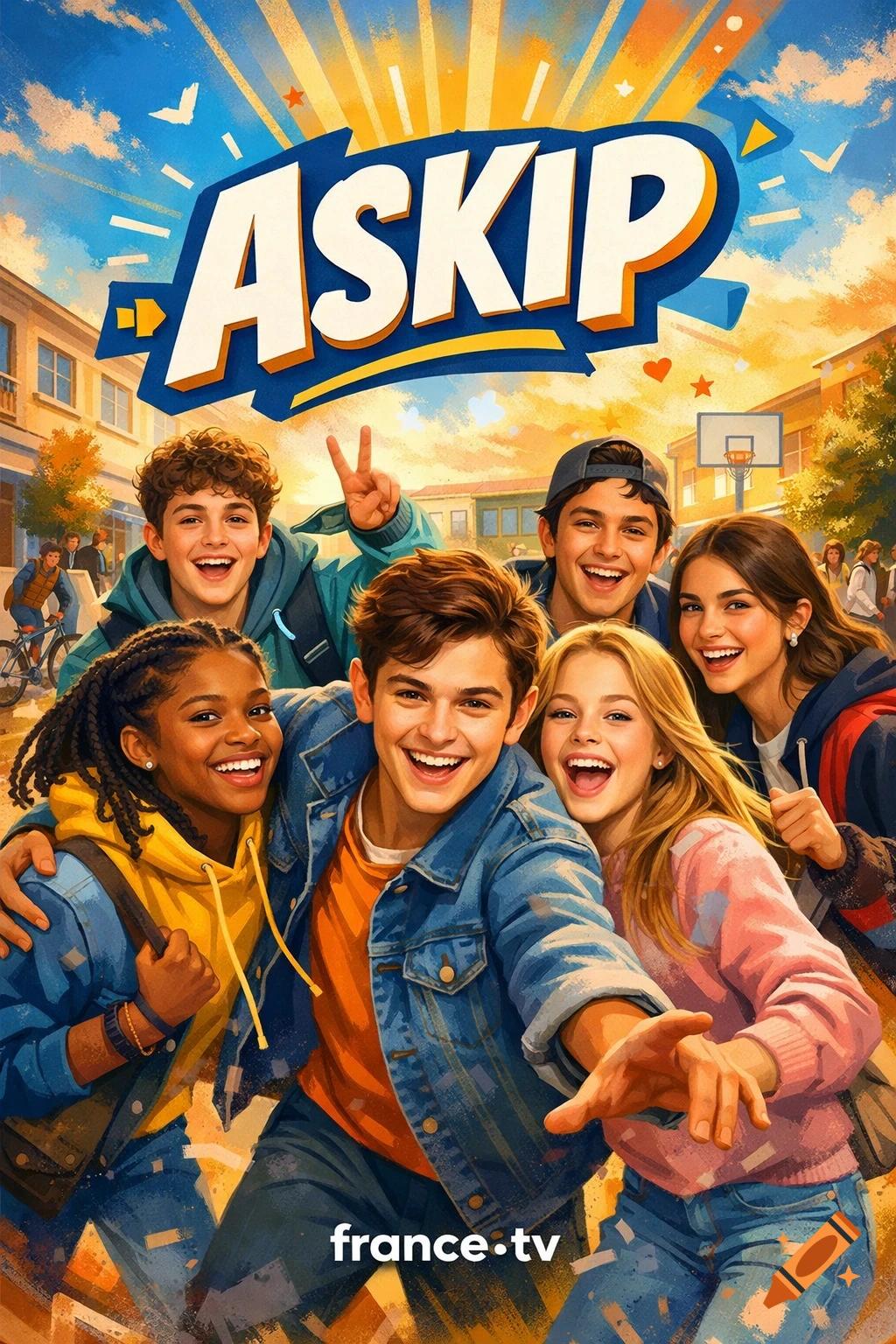 Vibrant illustration of six diverse, smiling teenagers taking a selfie in a sunny schoolyard, with 'ASKIP' title and 'france.tv' logo.