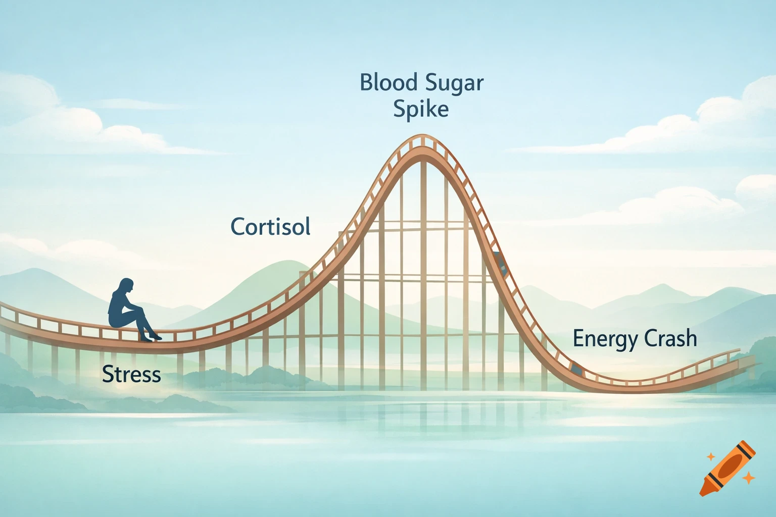 Illustration of a woman's silhouette on a rollercoaster over water and mountains. Labels include 'Stress', 'Cortisol', 'Blood Sugar Spike', and 'Energy Crash'.