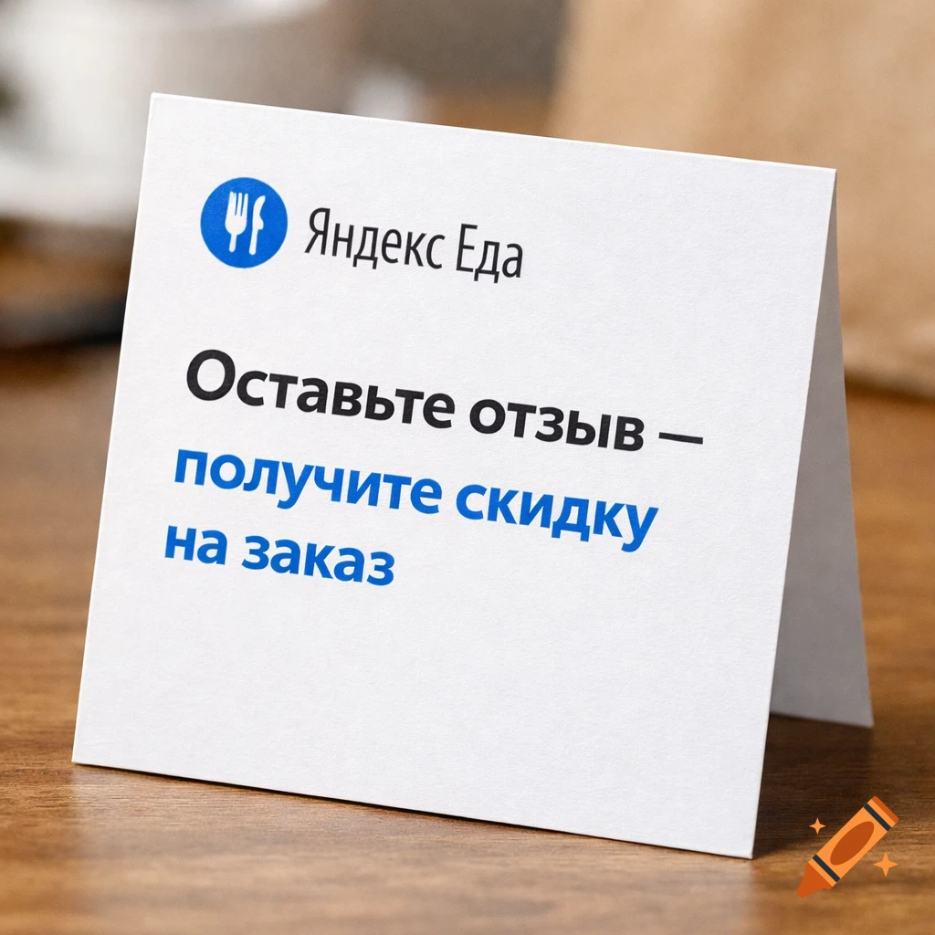 A white folded brochure for Yandex Eda on a wooden table, featuring a logo and text advertising a discount for leaving a review.
