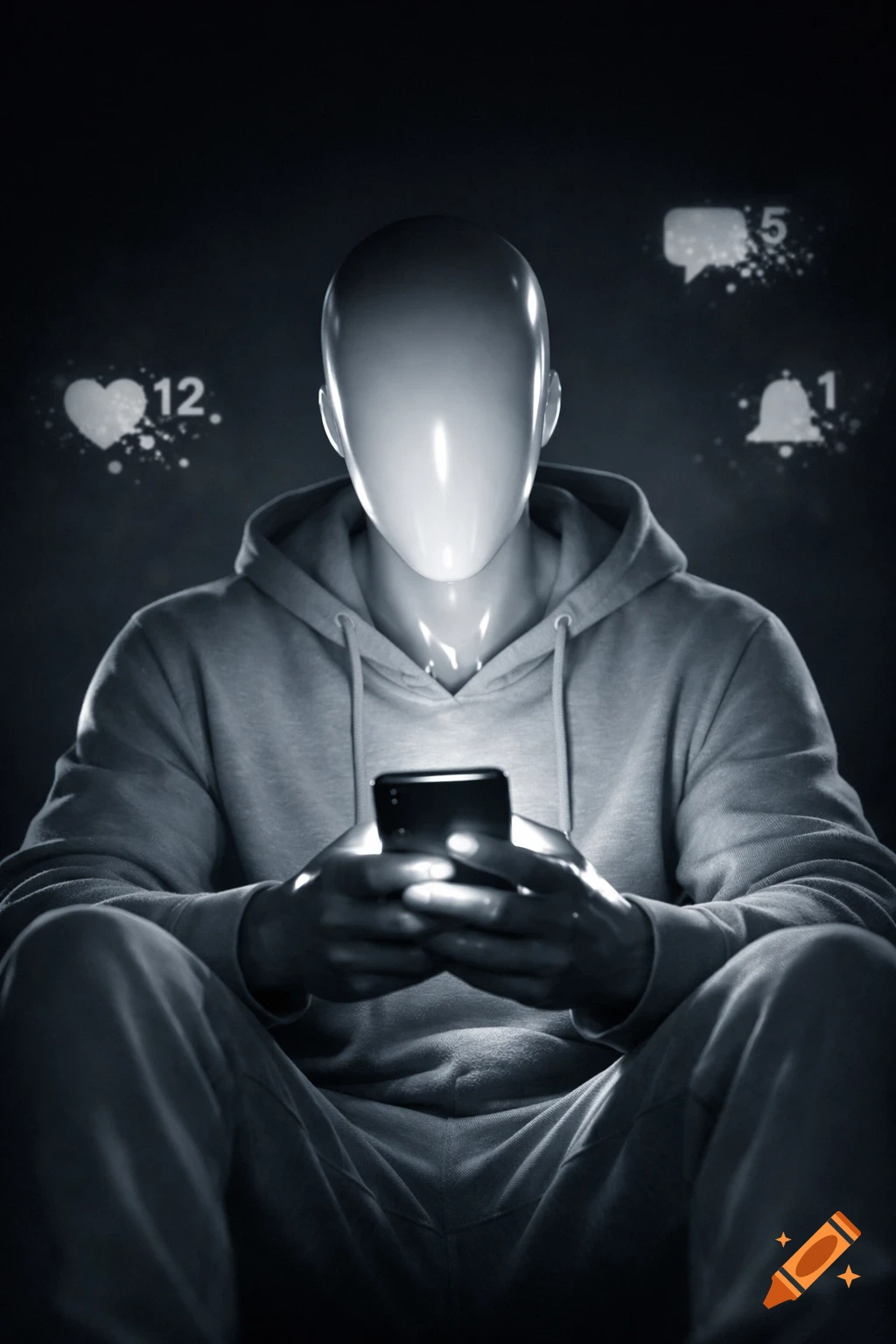 A faceless humanoid figure, illuminated by a phone, surrounded by social media notification icons.