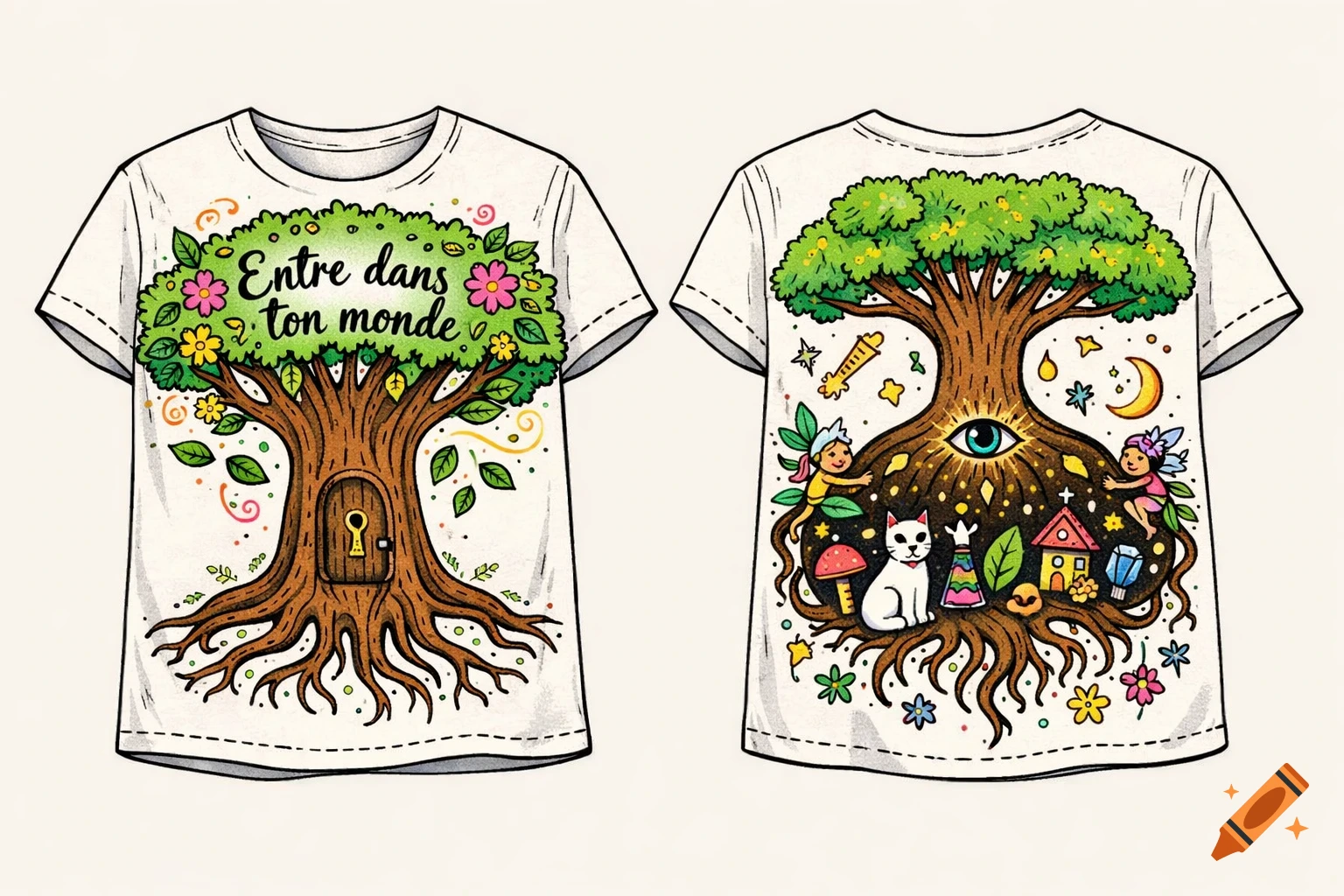A white t-shirt, front and back, featuring a whimsical, hand-drawn design. The front shows a tree with a door and "Entre dans ton monde" text, while the back shows roots extending into a magical world with fairies, a cat, cosmic eye, and houses.