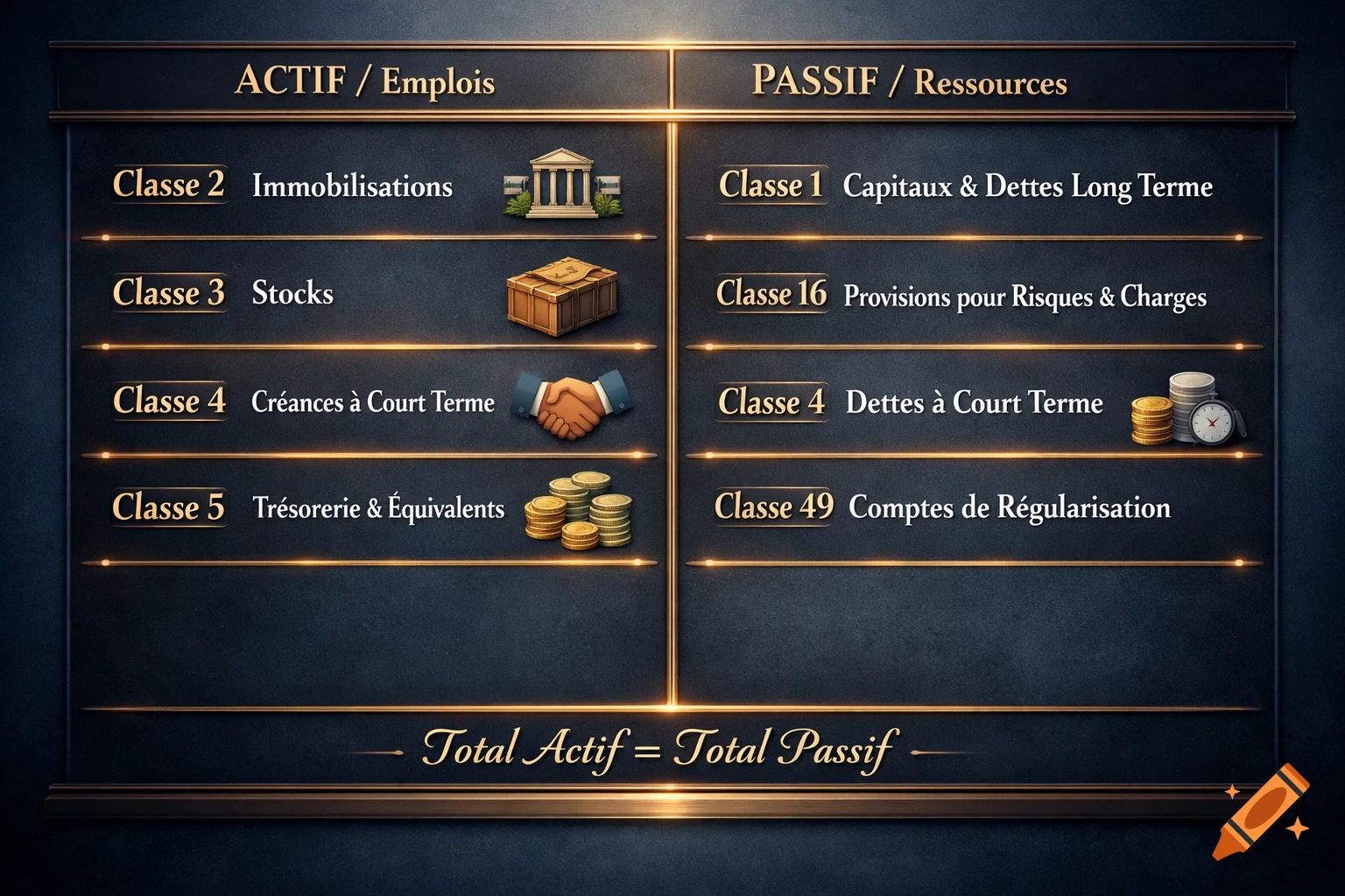 A detailed financial balance sheet table showing assets (actif) and liabilities (passif) categories with illustrative icons.