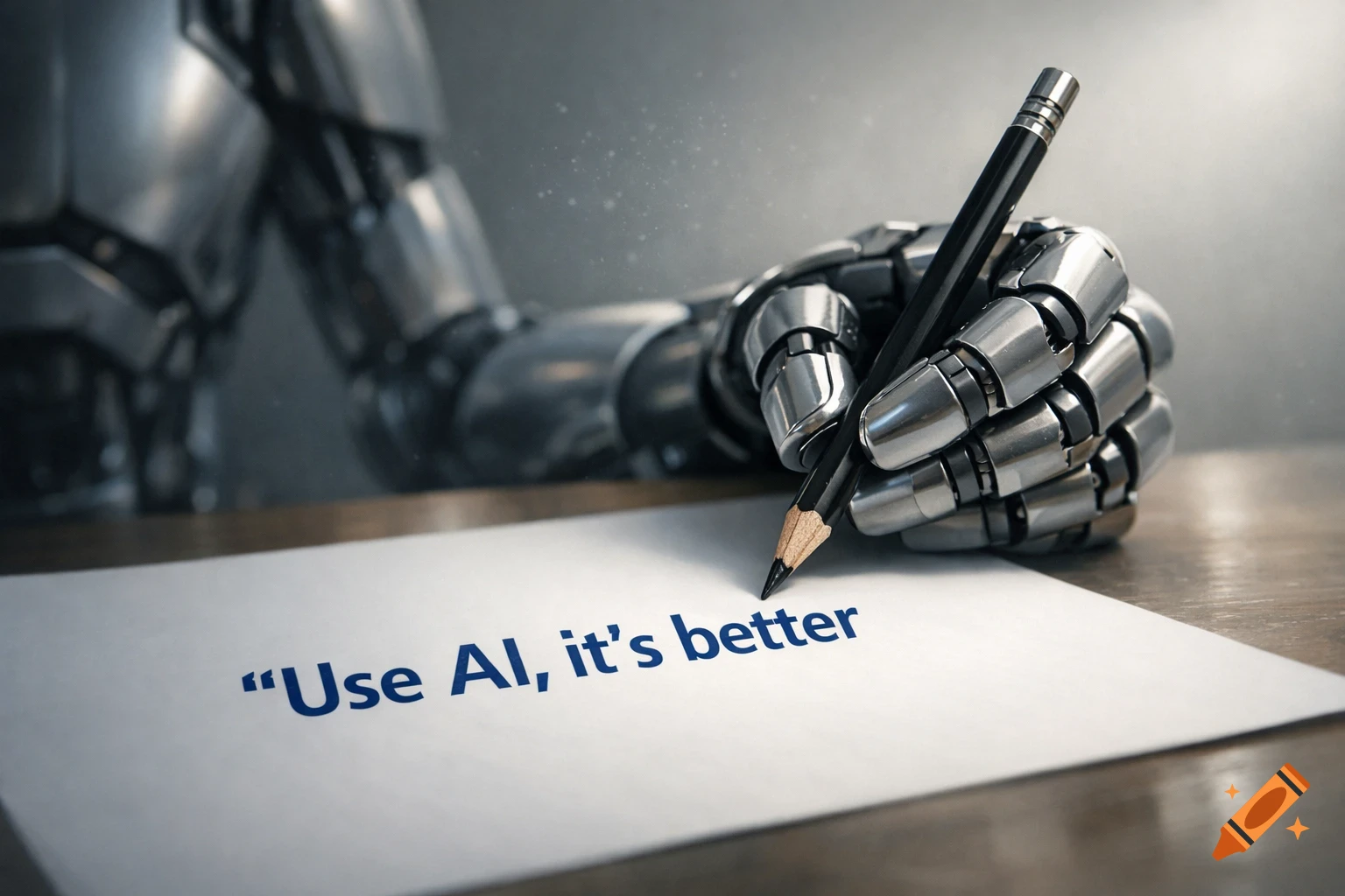 A metallic robot hand holds a pencil, writing "Use AI, it's better" on a piece of white paper.