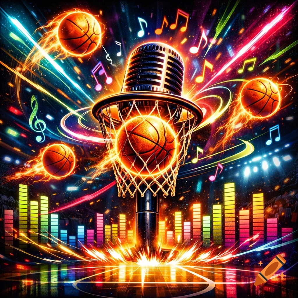 Energetic illustration of a vintage microphone basketball hoop surrounded by flaming basketballs, neon music notes, and vibrant equalizer bars.