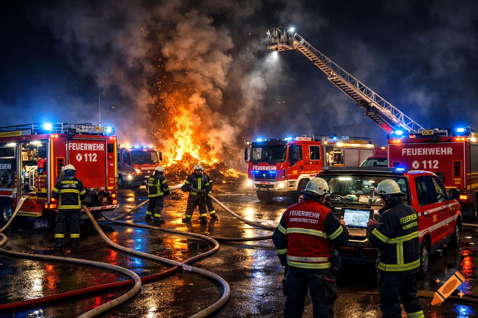 Photorealistic scene of multiple firefighters in action at night, with fire trucks and a ladder truck, battling a large outdoor blaze. Blue lights reflect on wet ground.