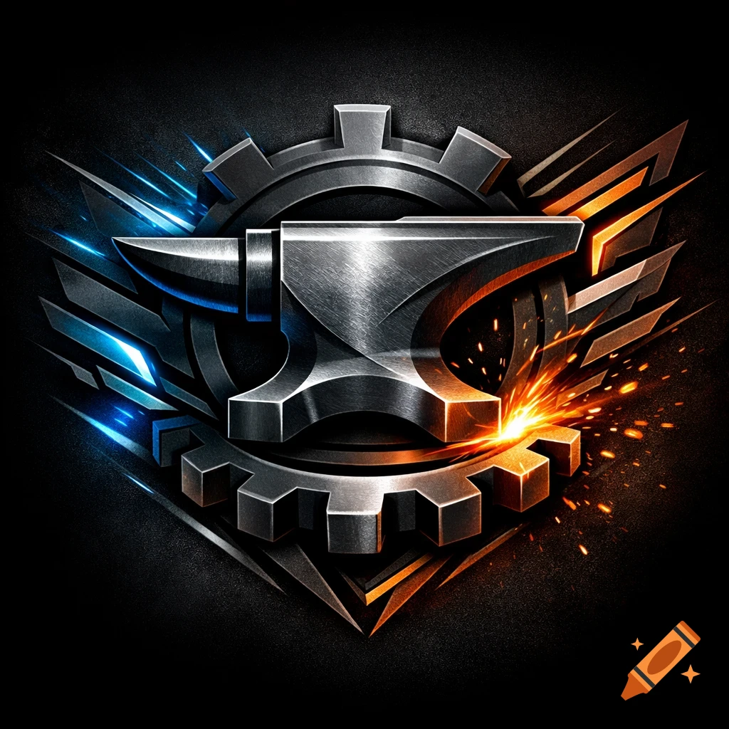 Metallic logo with an anvil over a gear, featuring blue and orange energy sparks on a dark background.
