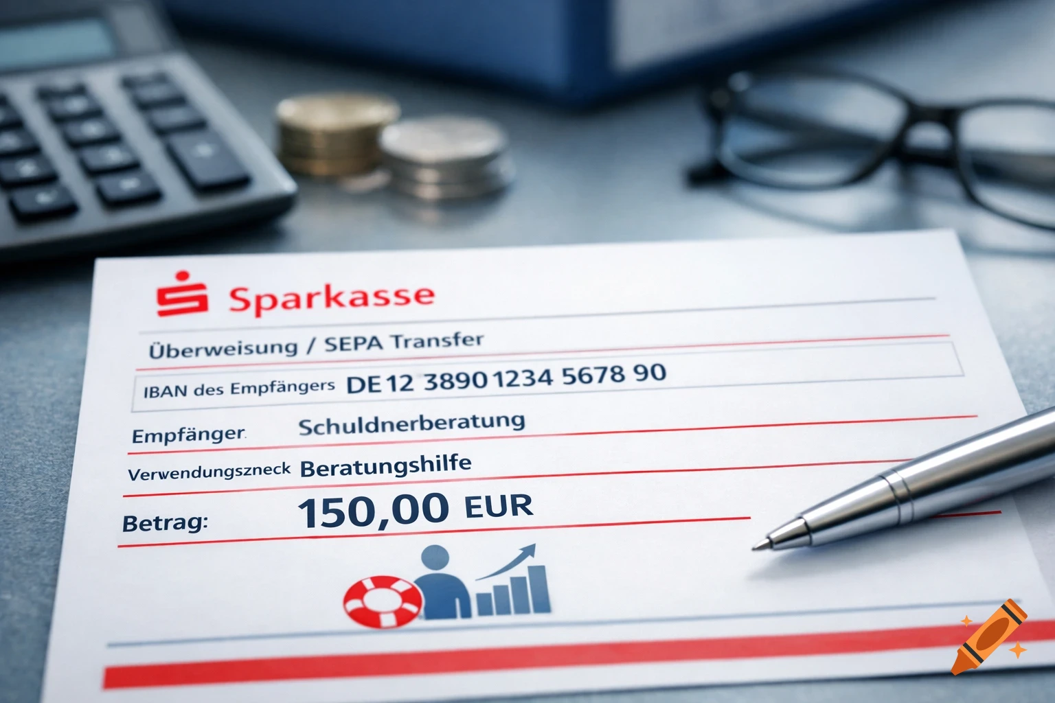 A close-up shot of a Sparkasse bank transfer form showing a 150 EUR transfer to "Schuldnerberatung," with a pen, calculator, coins, and glasses in the blurred background.