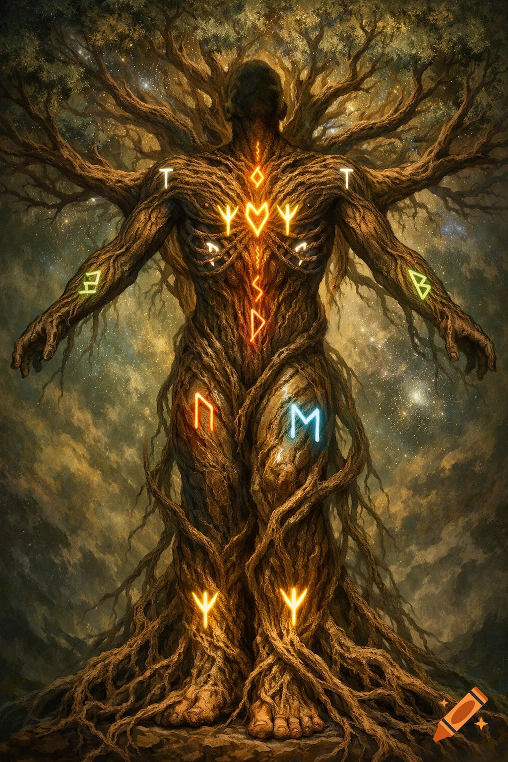 A majestic humanoid figure made of entwined tree roots and branches, glowing with various colorful runes on its body against a starry, clouded sky.