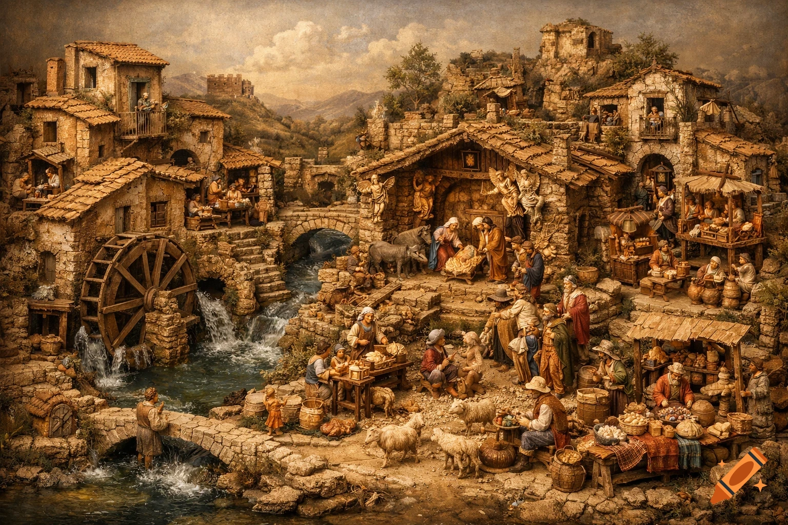 An intricately detailed nativity scene depicting a bustling 1800s southern Italian village with a river, watermill, houses, and market stalls.