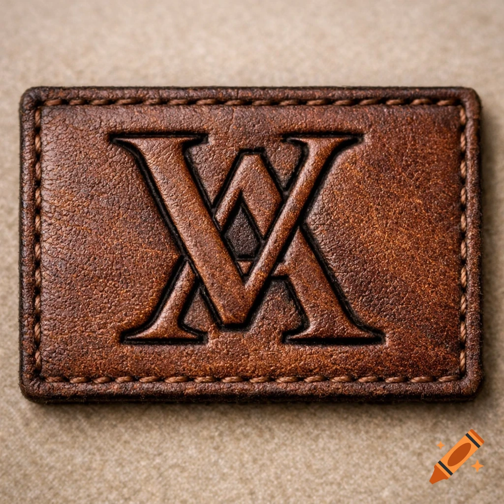 A detailed close-up of a rectangular brown leather patch with a V over A monogram stamped into it.