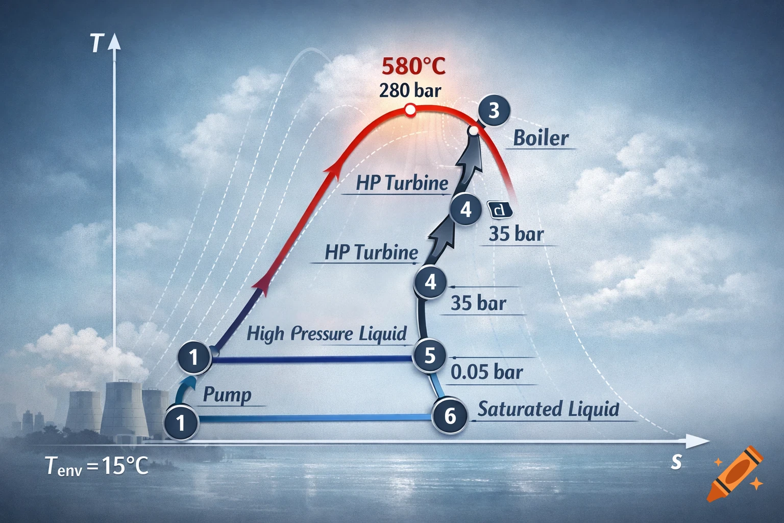 A T-s diagram illustrating the Rankine cycle process in a steam power plant, showing temperature and pressure changes through components like boiler, turbines, and pump, with values 580°C, 280 bar, and 15°C background.