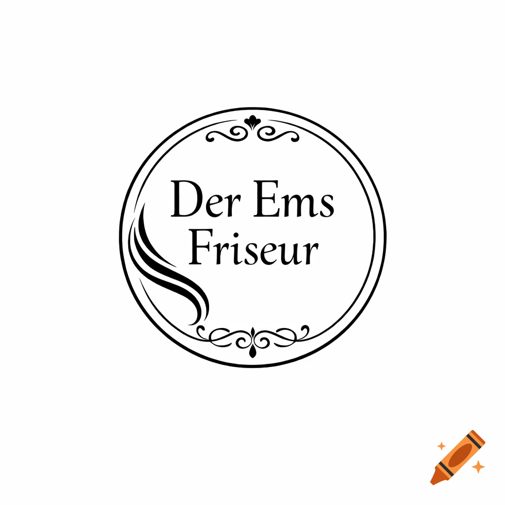 A black and white circular logo with ornamental flourishes, featuring the text "Der Ems Friseur" and a stylized hair curl design.