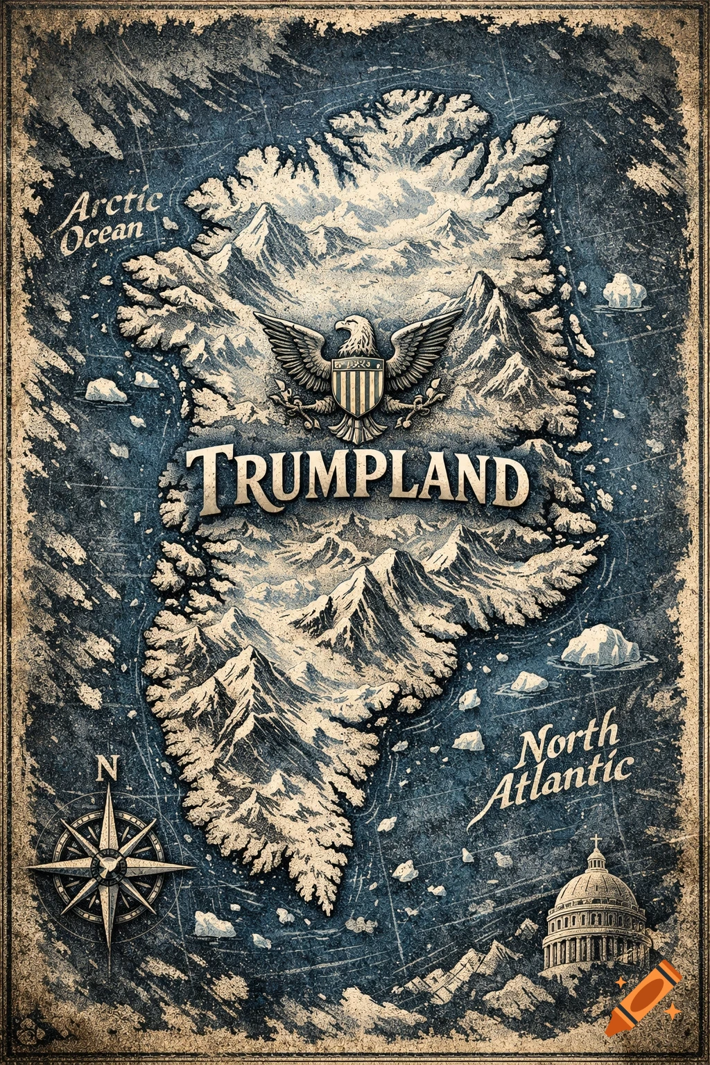 An antique-style map of Greenland, depicted as a mountainous continent, labeled "TRUMPLAND" with an eagle emblem, compass, and Capitol building.