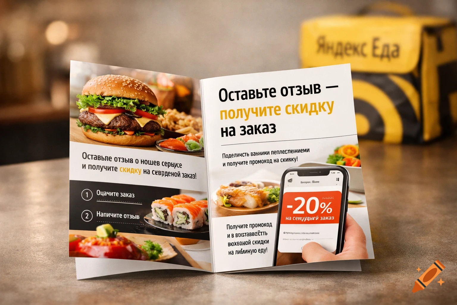 An open brochure for Yandex Eats on a table, displaying a burger, sushi, and other food, with a hand holding a phone showing a 20% discount.