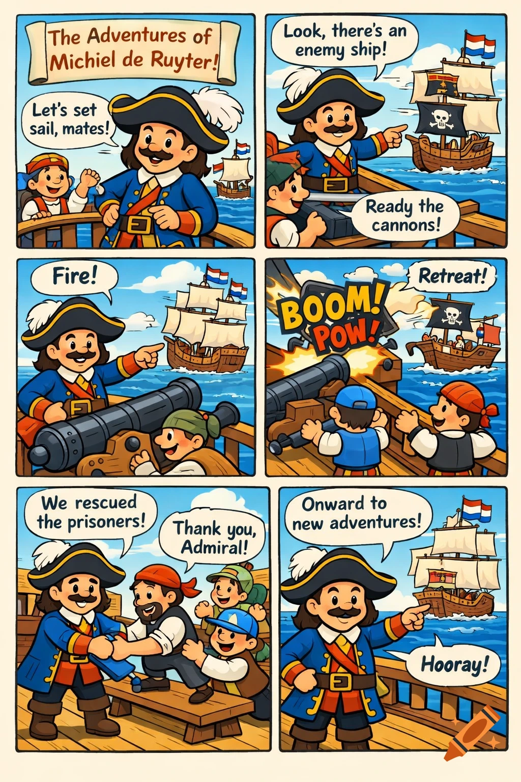 A colorful children's comic strip depicting Admiral Michiel de Ruyter and his crew sailing, battling an enemy ship, and rescuing prisoners.