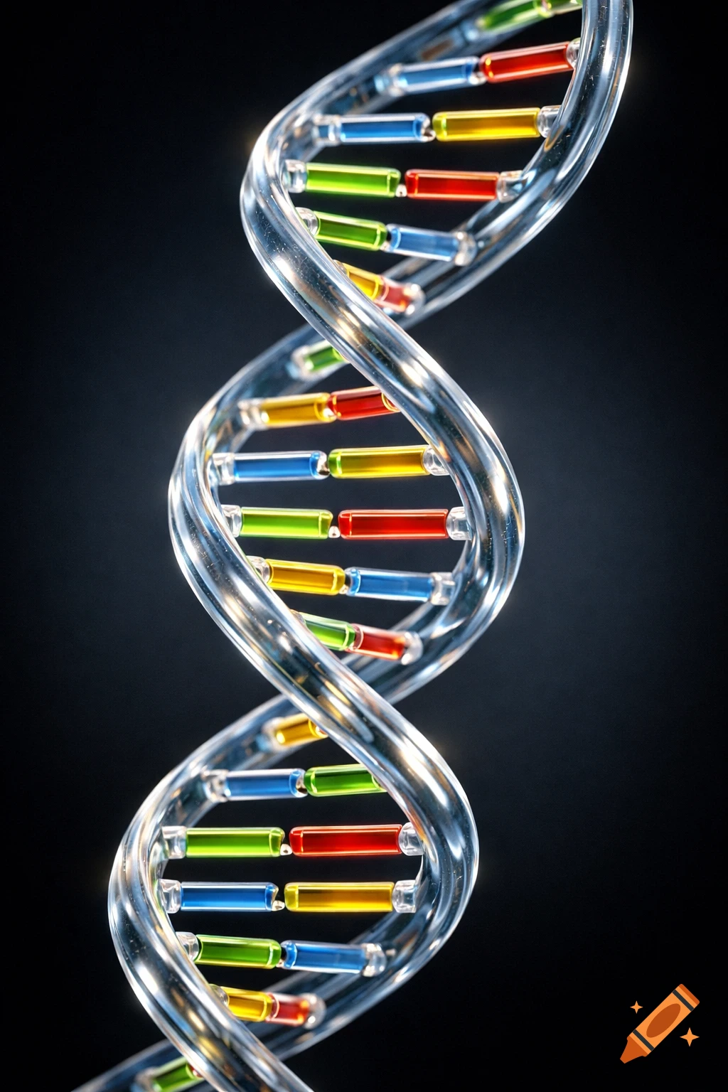 A glowing, transparent DNA double helix molecule with colorful rungs against a dark background, in a detailed scientific rendering.