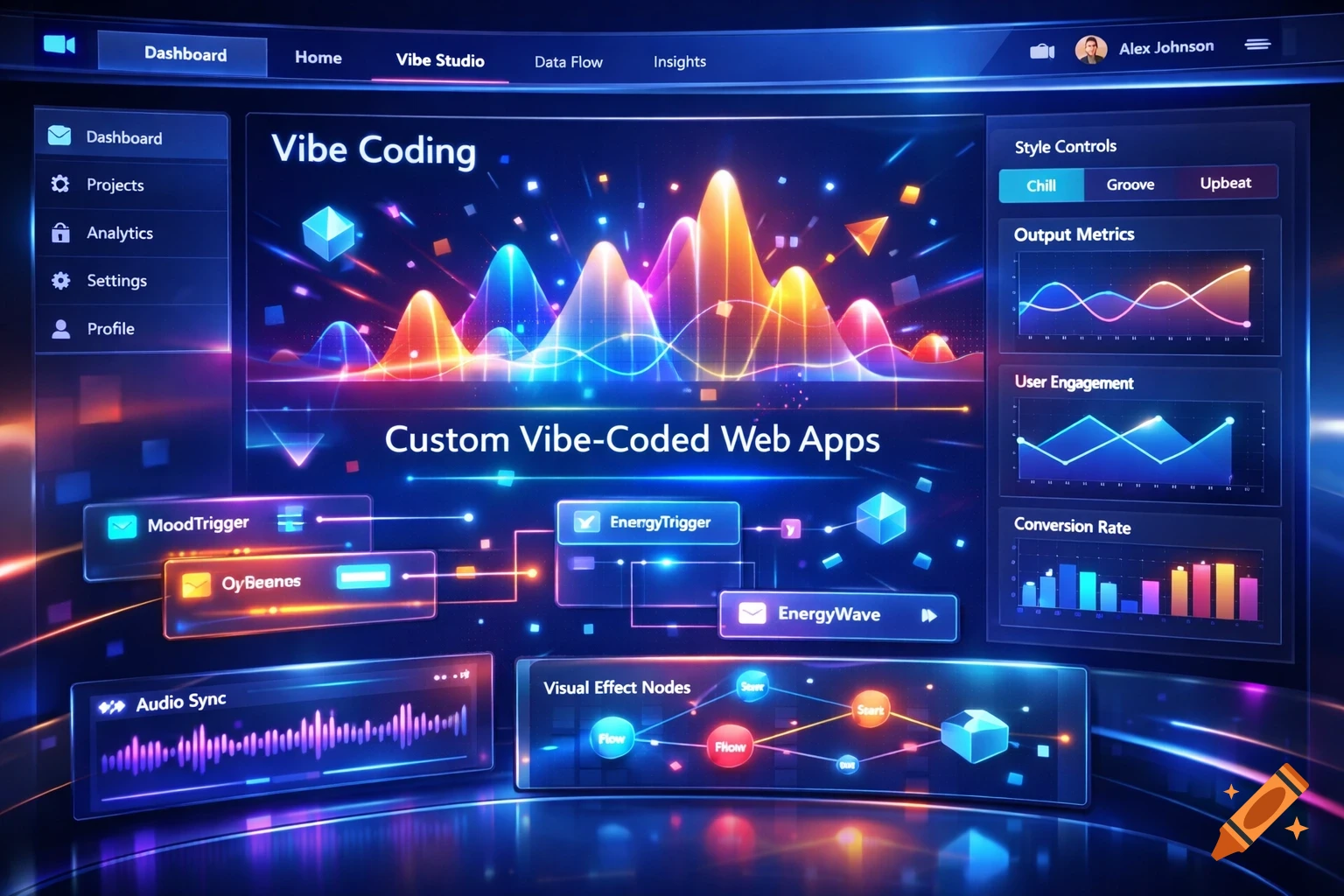 A vibrant, futuristic web app dashboard with glowing graphs, data points, and UI elements. The screen displays 'Vibe Coding' and 'Custom Vibe-Coded Web Apps'.