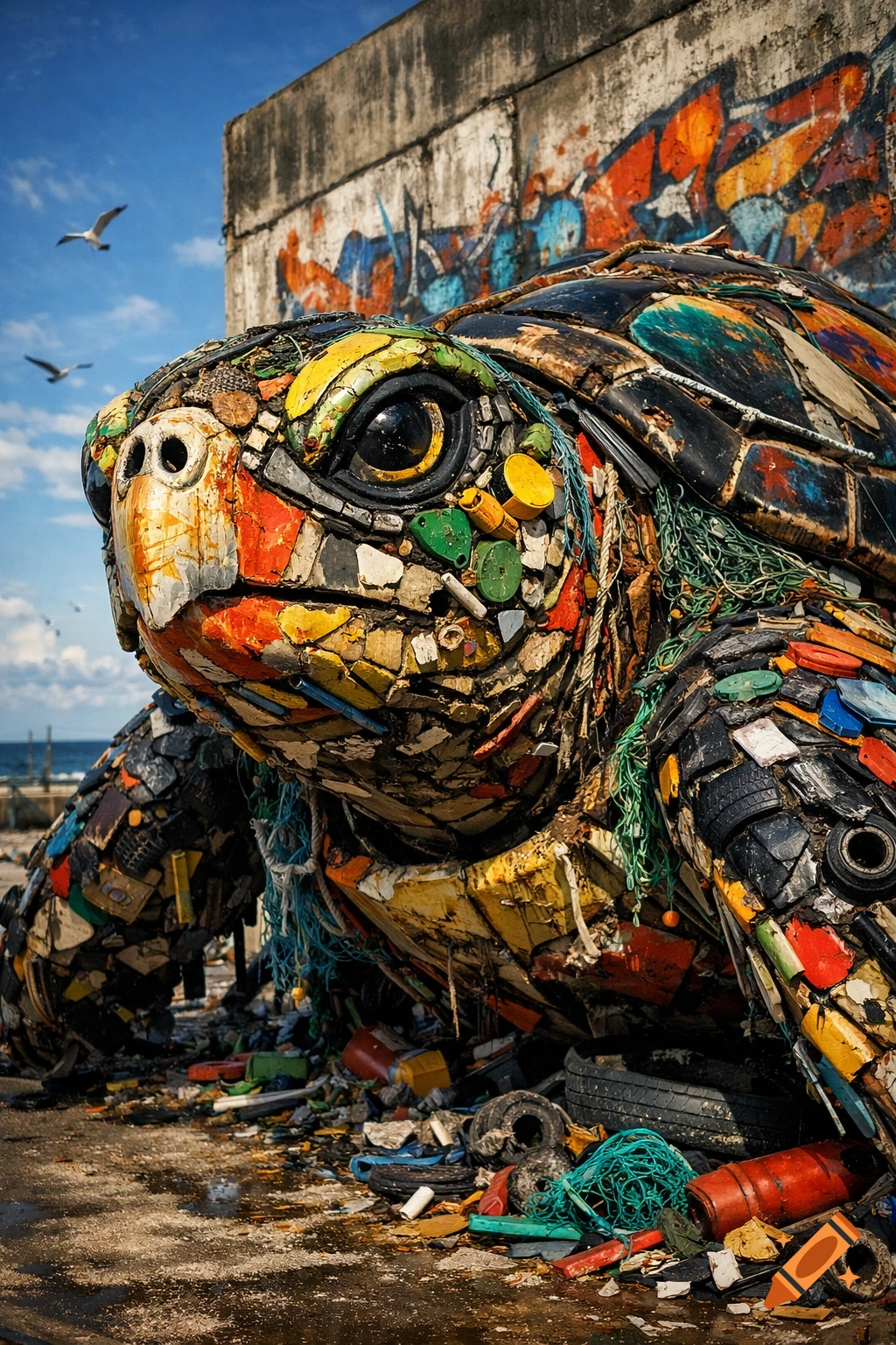 A large, colorful sea turtle sculpture made from recycled plastic waste sits on an urban coast with graffiti on a wall, under a blue sky.