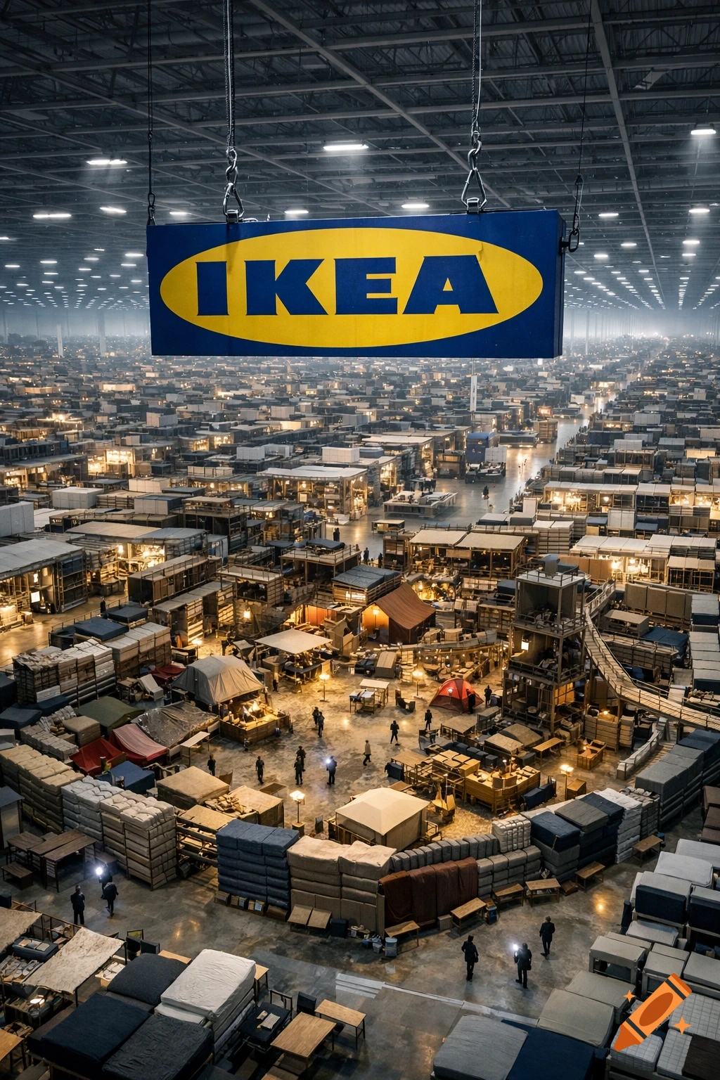 An aerial view of an infinite IKEA store interior, with a giant IKEA sign hanging from the ceiling. Below, a sprawling survivor base is constructed from furniture, with small figures holding flashlights.