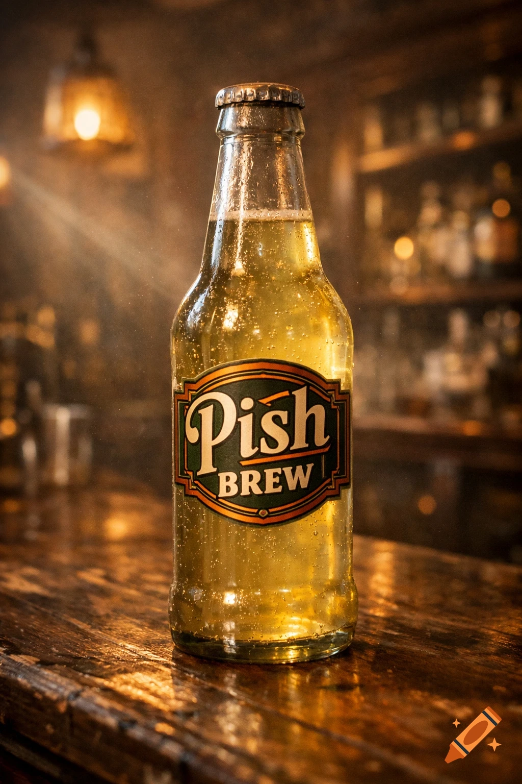 A photorealistic bottle of Pish BREW soda with yellow liquid and condensation on a wooden bar, soft lighting.