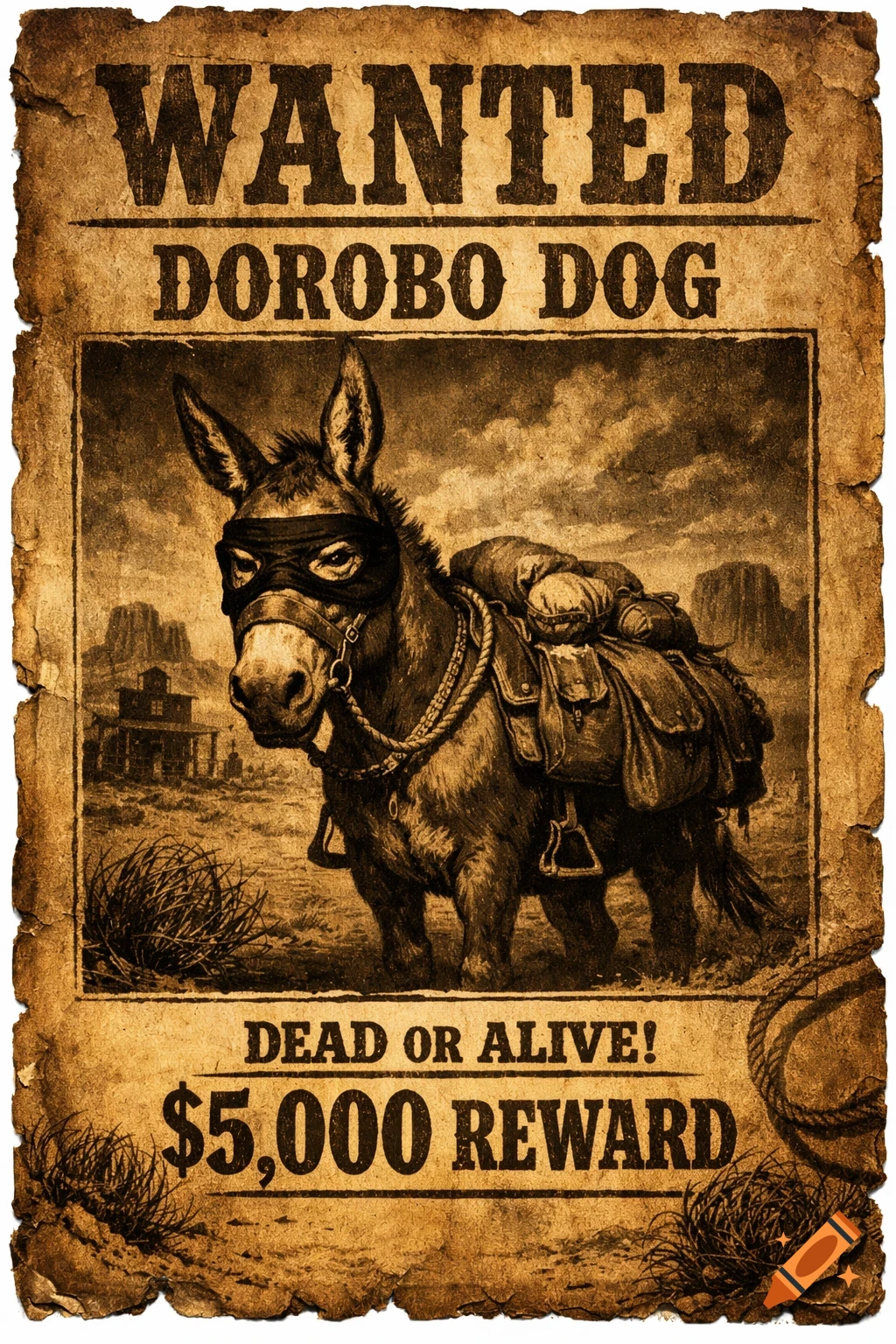 A sepia-toned Wild West wanted poster features a mule in a bandit mask, with text "WANTED DOROBO DOG DEAD OR ALIVE! $5,000 REWARD".