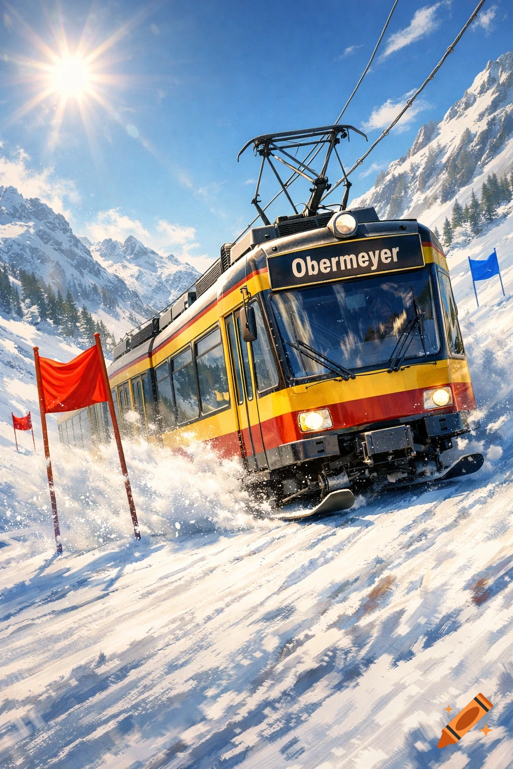 A yellow and red tram with skis races down a snowy mountain ski slope past red and blue flags under a bright sun.